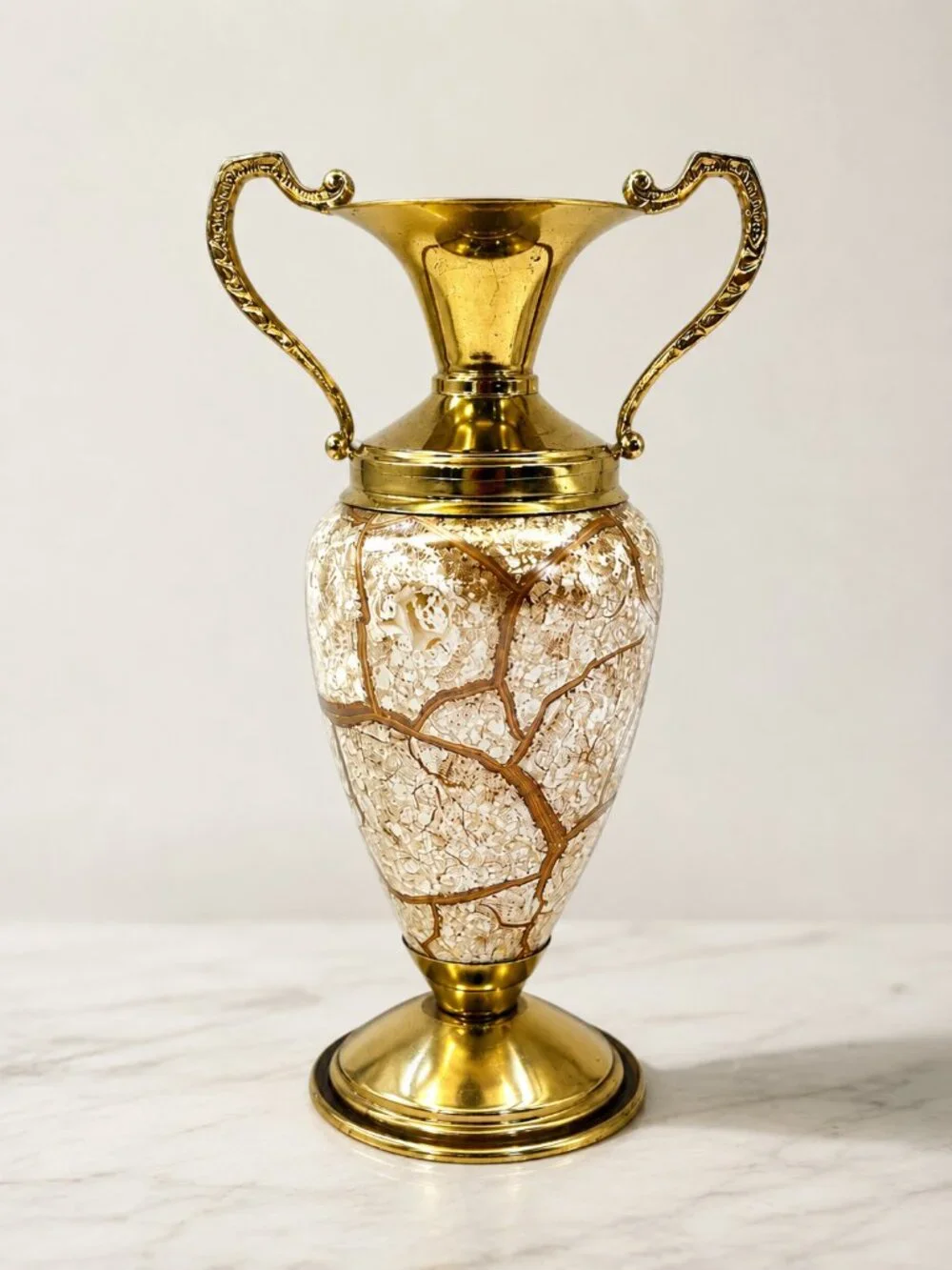 Vintage Holland Brass Crackle Glass Double Handle Urn Vase Hollywood Regency